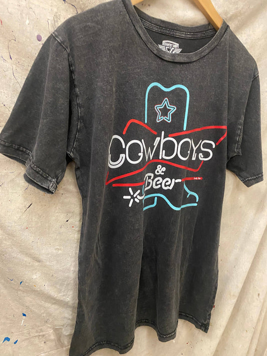 Cowboys & Beer Neon Boot Acid washed 90's Unisex T shirt: Black / Medium