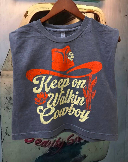 Walk on Cowboy Midriff boxy Muscle crop top : Medium Faded Black