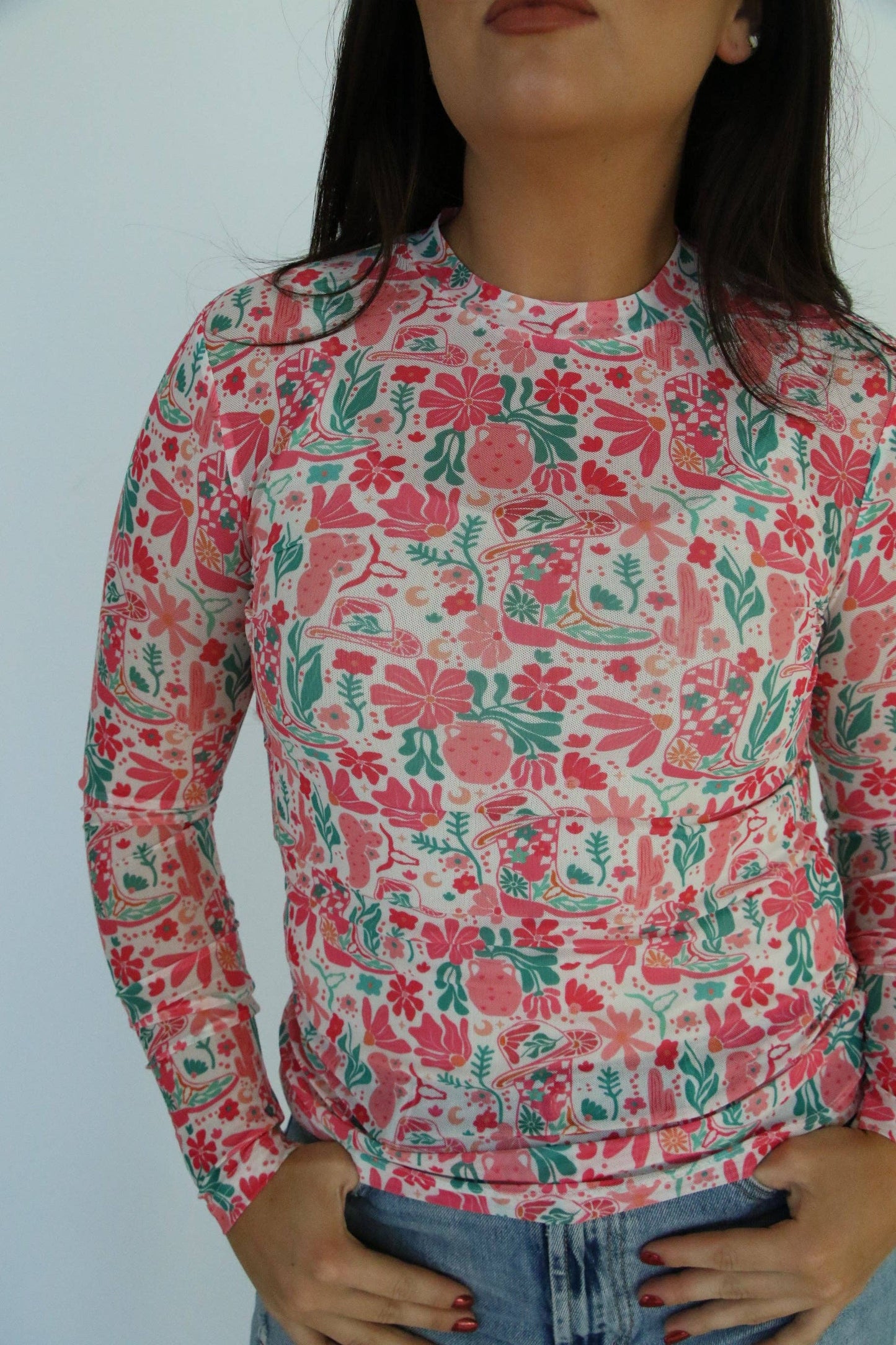 Pink Boots and Floral Mesh Top