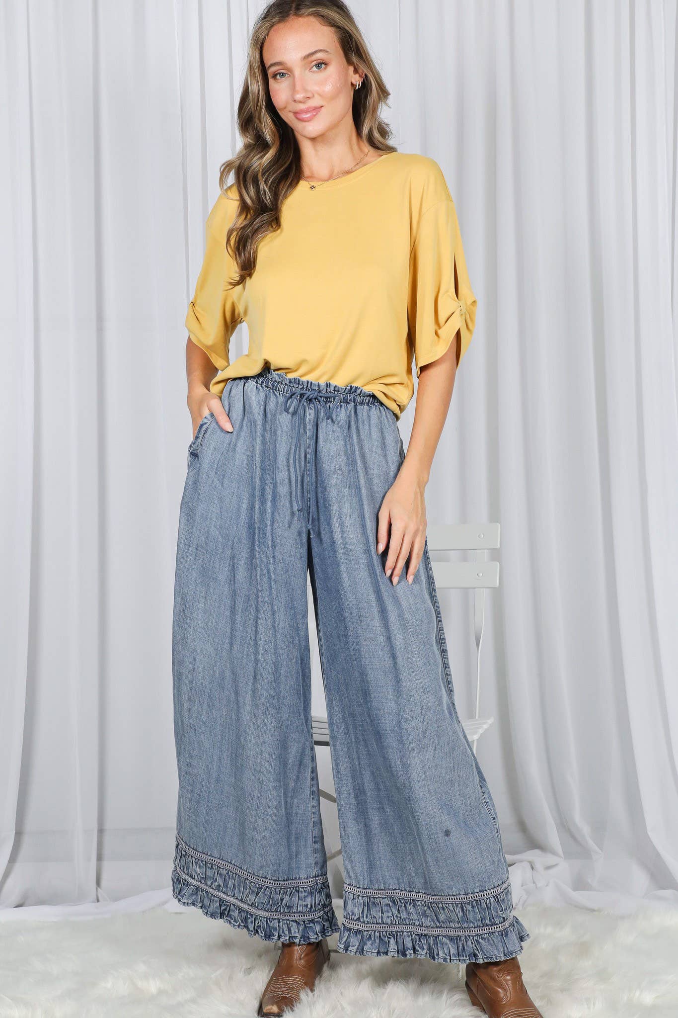 Flared Ruffle Hem Washed Chambray Crop Denim Pants