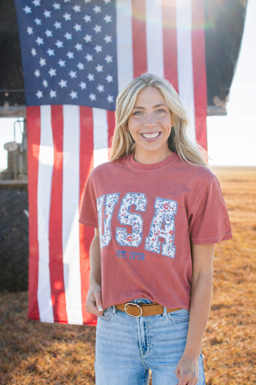 Western Patriotic Floral 'USA' Washed Red Graphic Tee