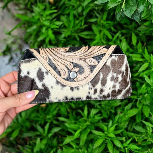 Brown cowhide & tooled sunglass case 