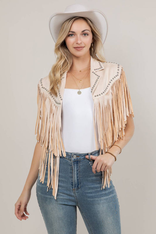 Studded Fringe Shrug- Cream