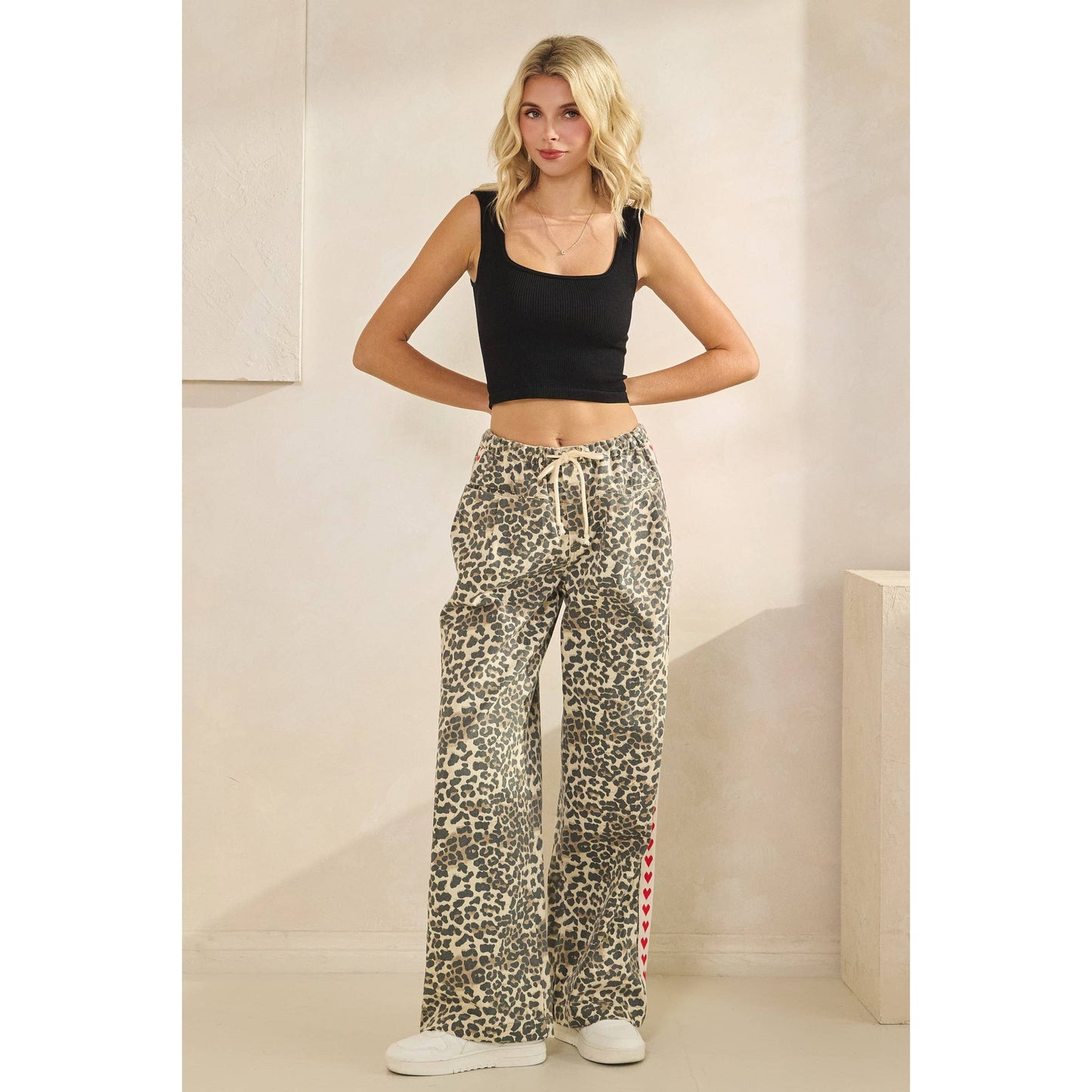Leopard Printed Striped Wide Legged Pants: Brown Heart