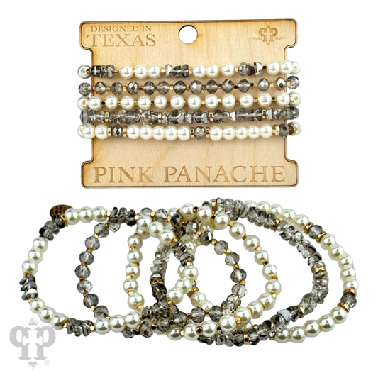 Pearl and faceted bead bracelet stack: Gray