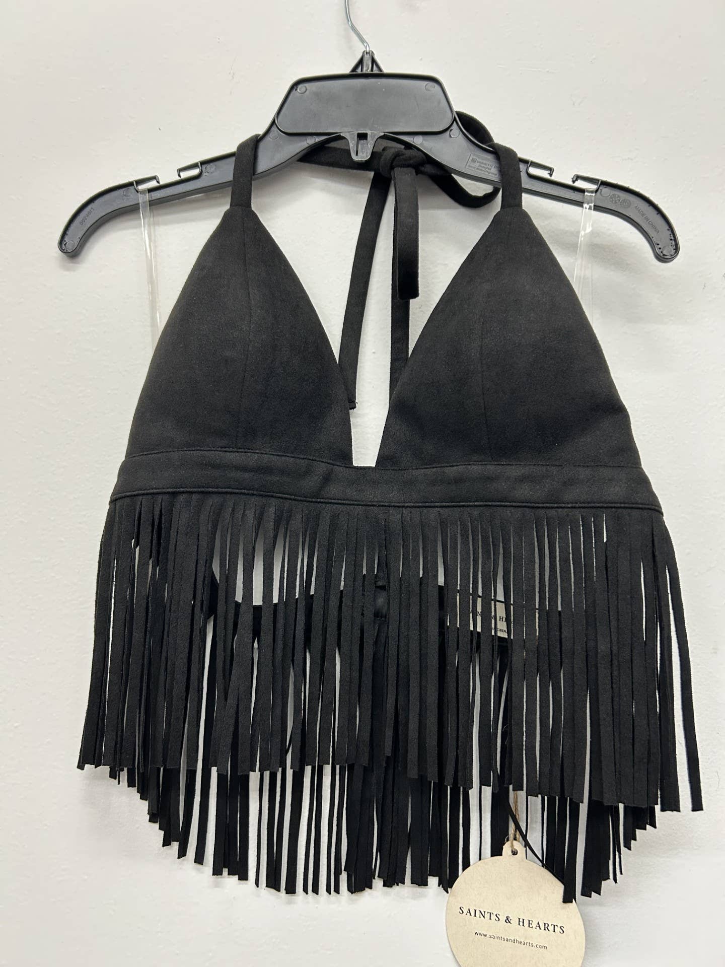 Black Short Fringe Halter Crop