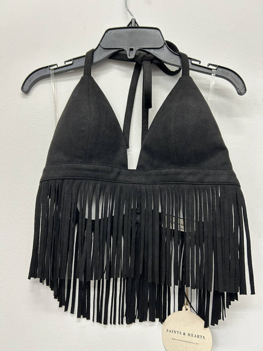 Black Short Fringe Halter Crop