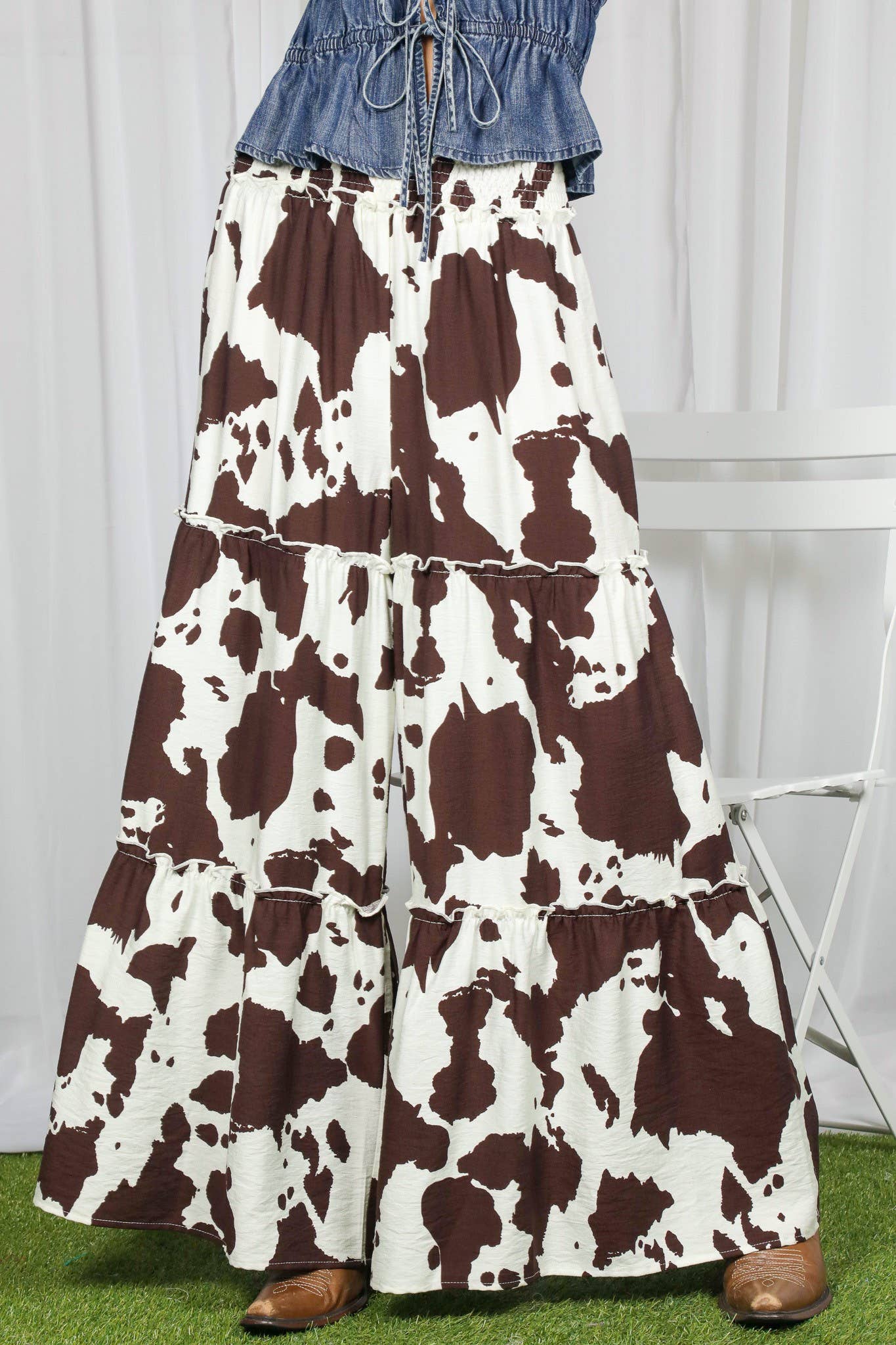 Wide Leg Beach Palazzo Cow Print Pants-Brown