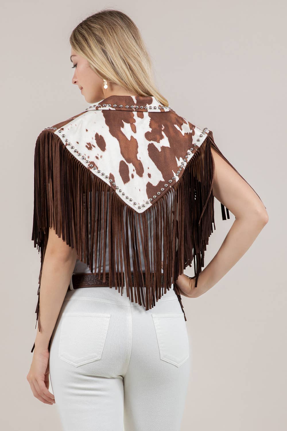 Studded Fringe Shrug- Cow Print