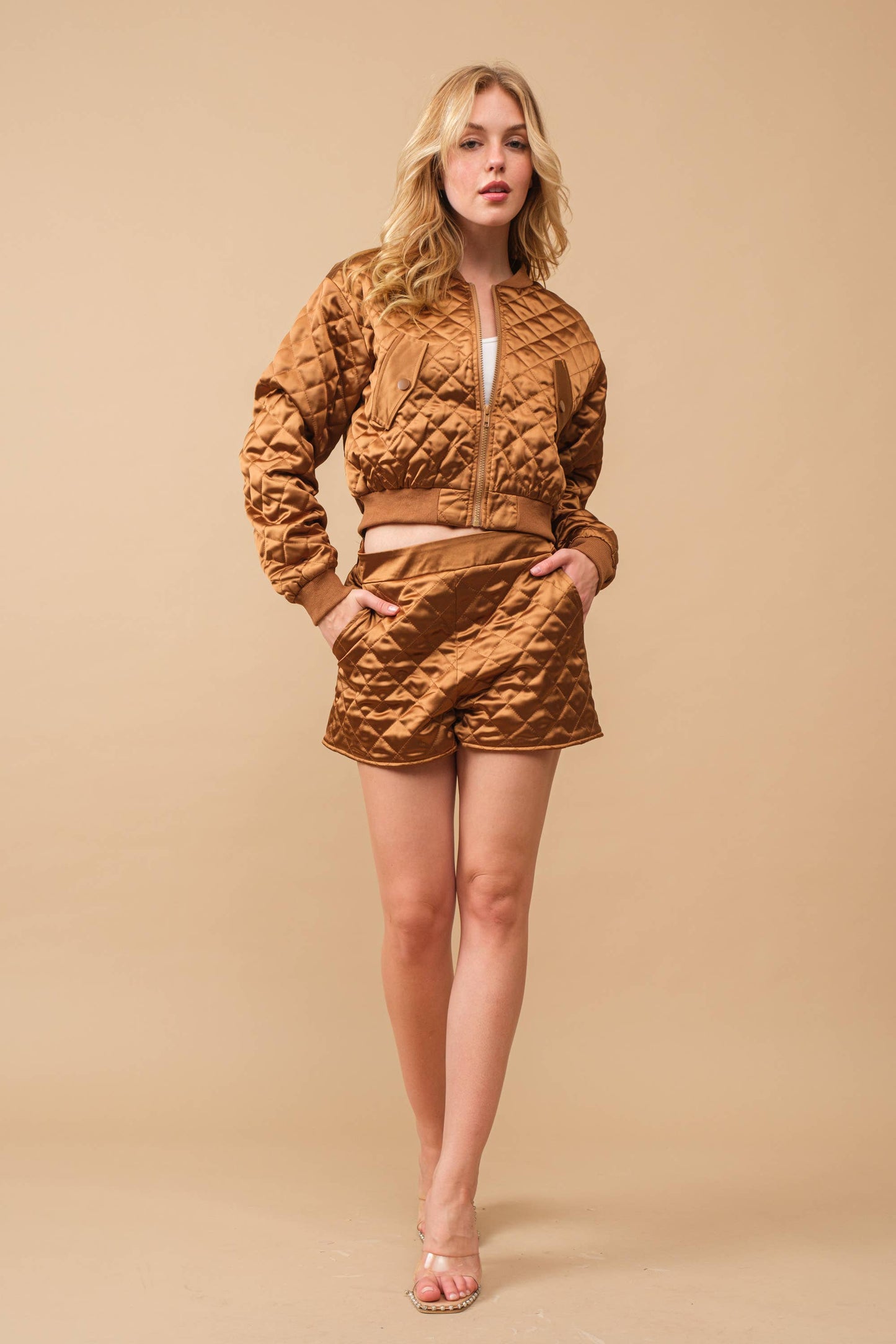 Quilted Crop Pocket Bomber Jacket w/ Matching Set