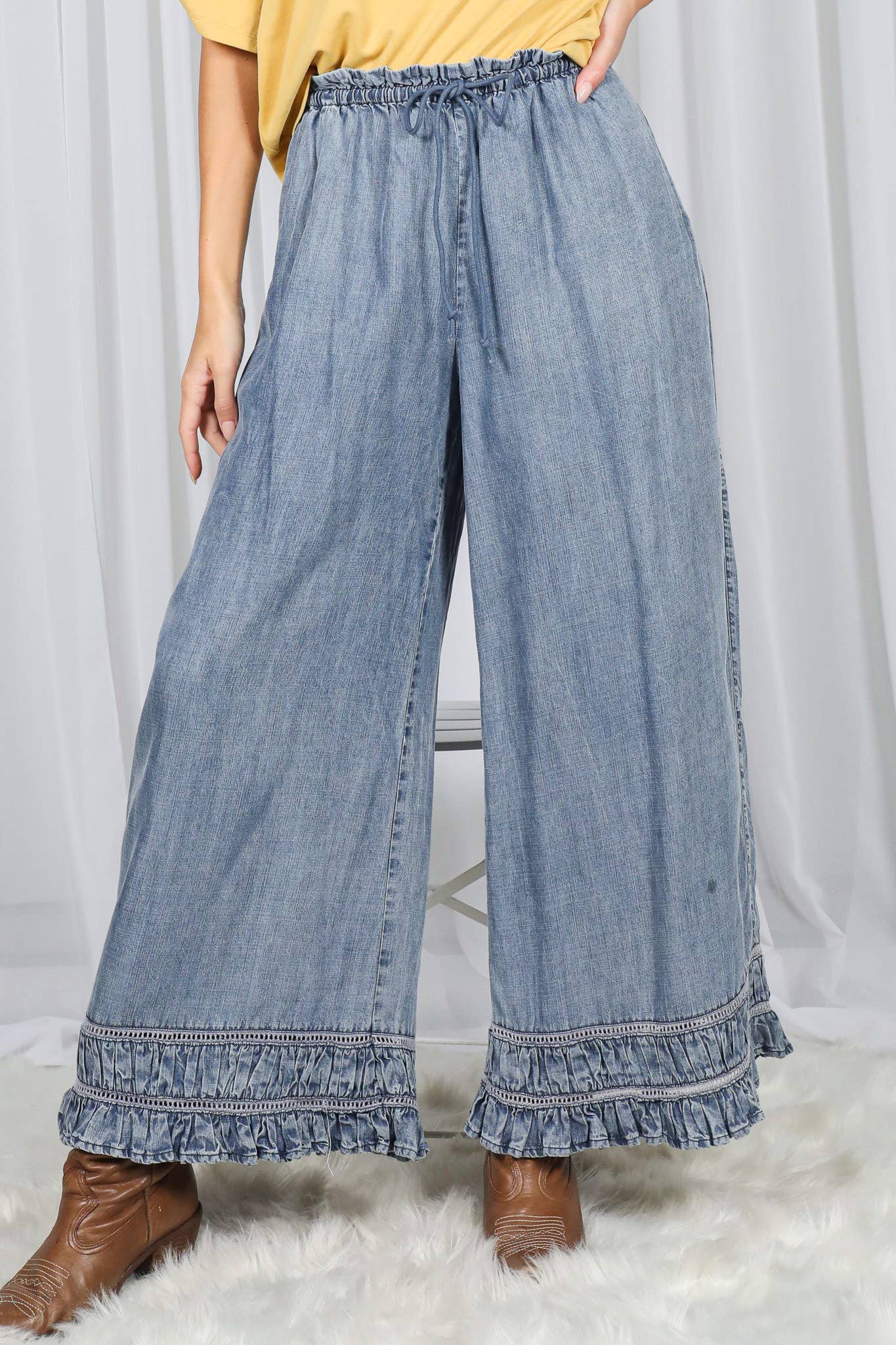 Flared Ruffle Hem Washed Chambray Crop Denim Pants