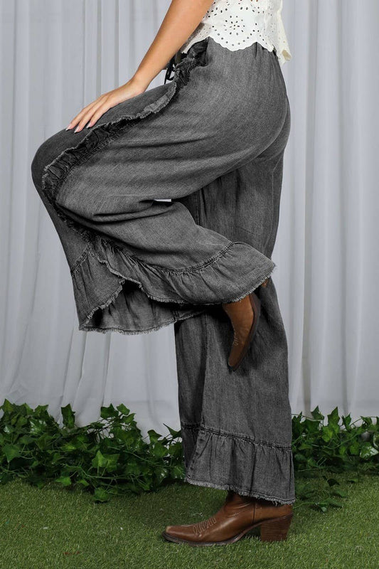 Flared Ruffle Hem Chambray Crop Denim Pants Black Denim