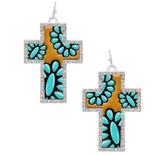 Concho Cross Rhinestone Leather Hook Earrings
