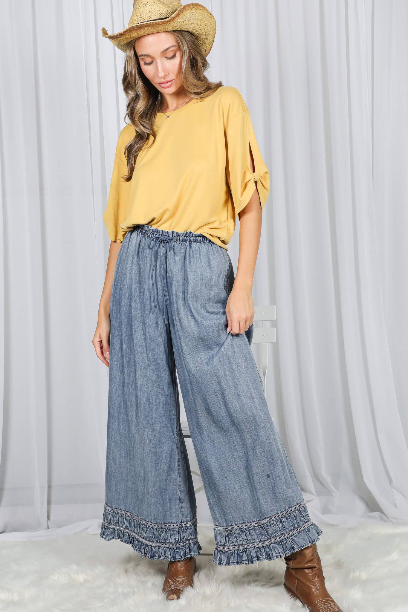 Flared Ruffle Hem Washed Chambray Crop Denim Pants