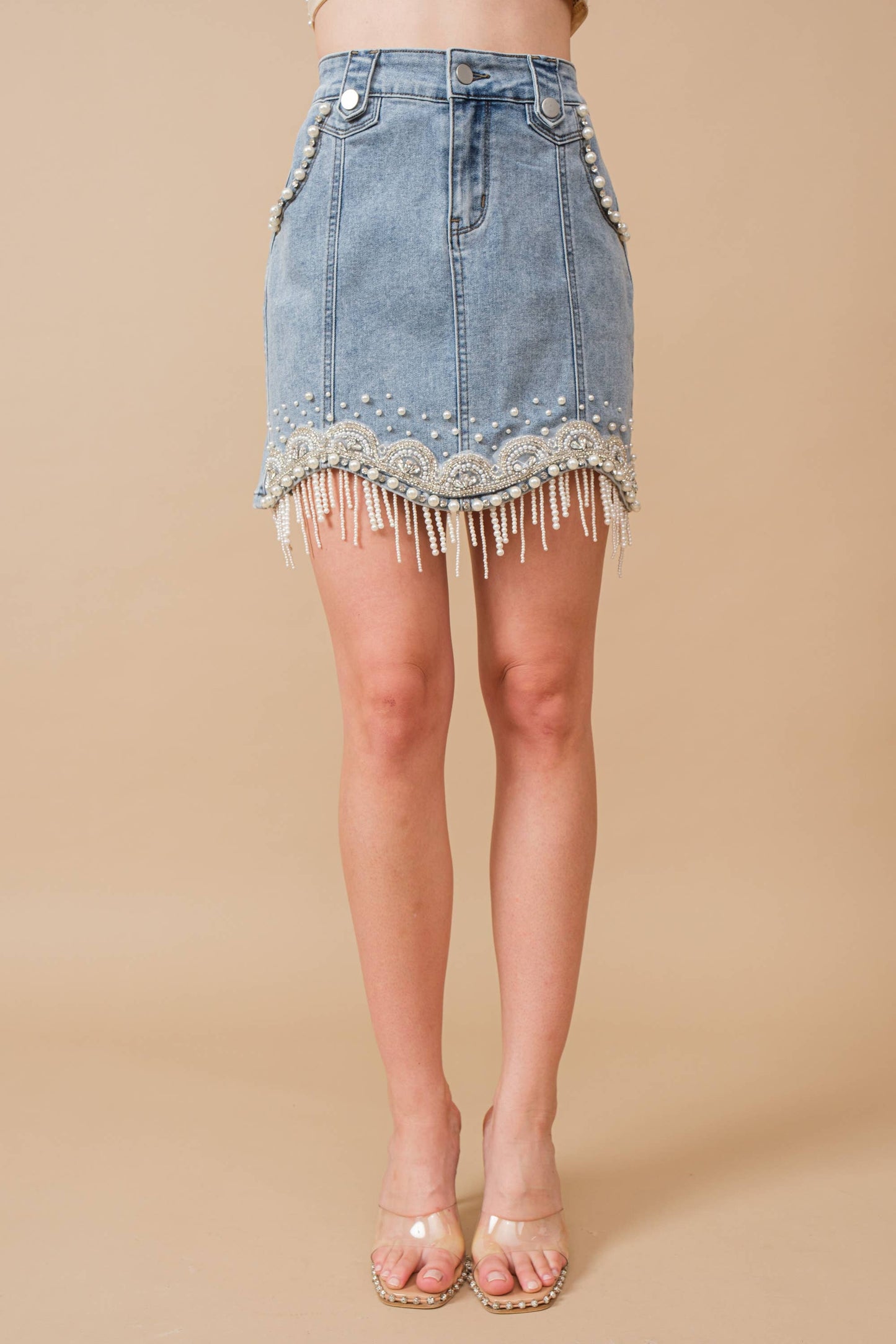 Embellished Pearl Fringe Mini Skirt