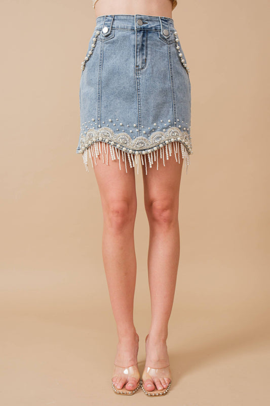 Embellished Pearl Fringe Mini Skirt