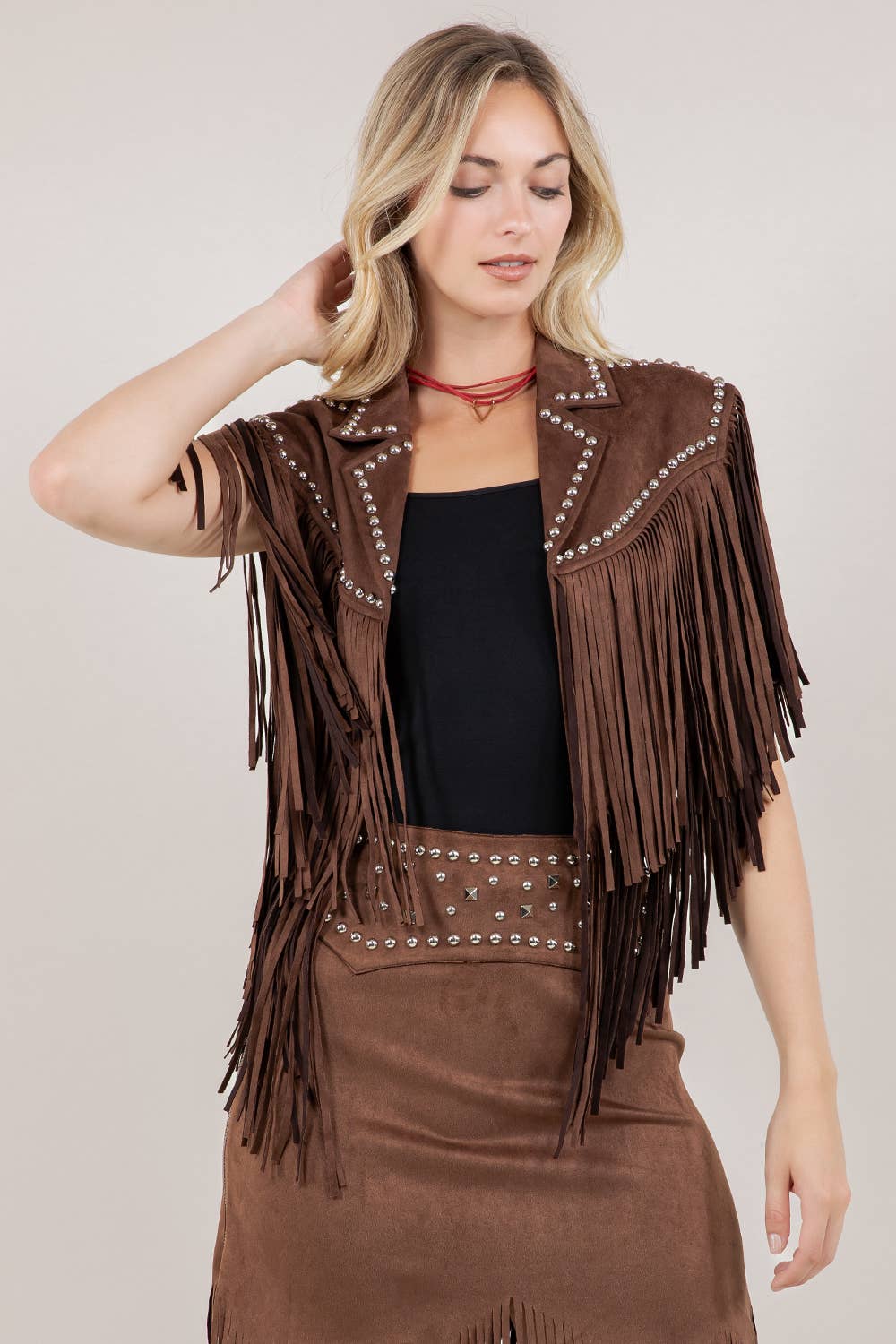 Studded Fringe Shrug - Chocolate