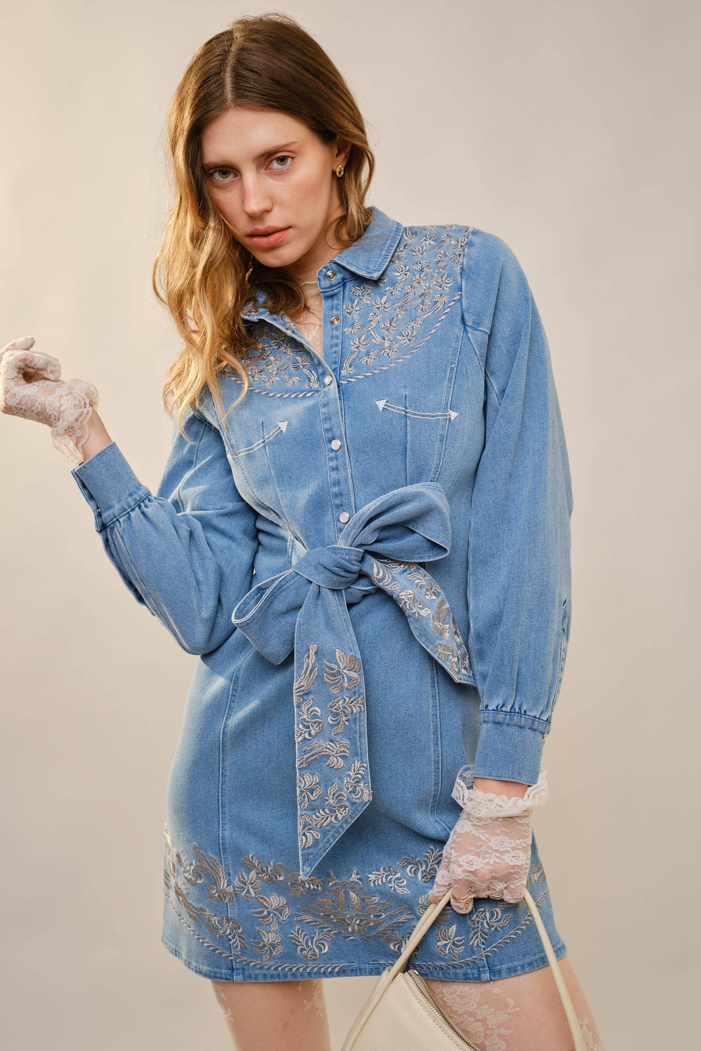 Western Embroidery Front Tie Dress