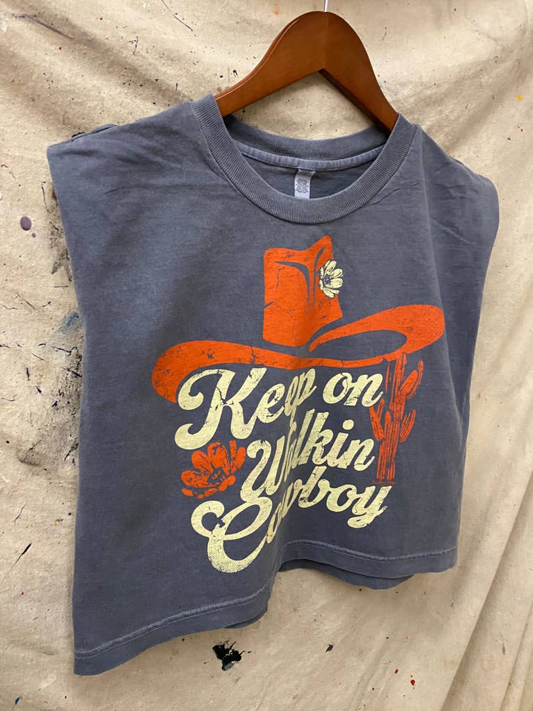 Walk on Cowboy Midriff boxy Muscle crop top : Medium Faded Black