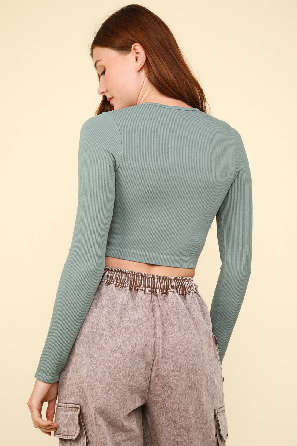 Casual Fitted Crop Henley Knit Top