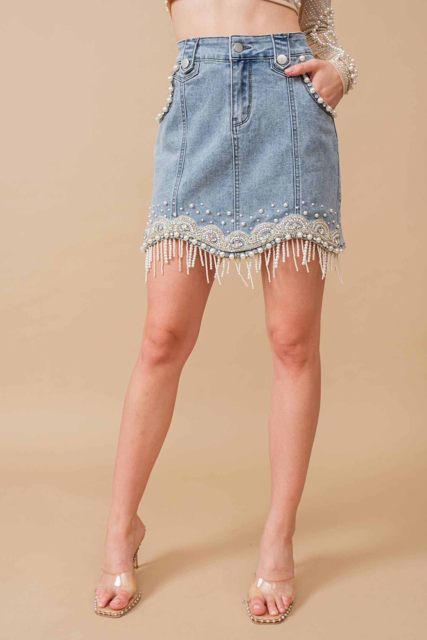 Embellished Pearl Fringe Mini Skirt