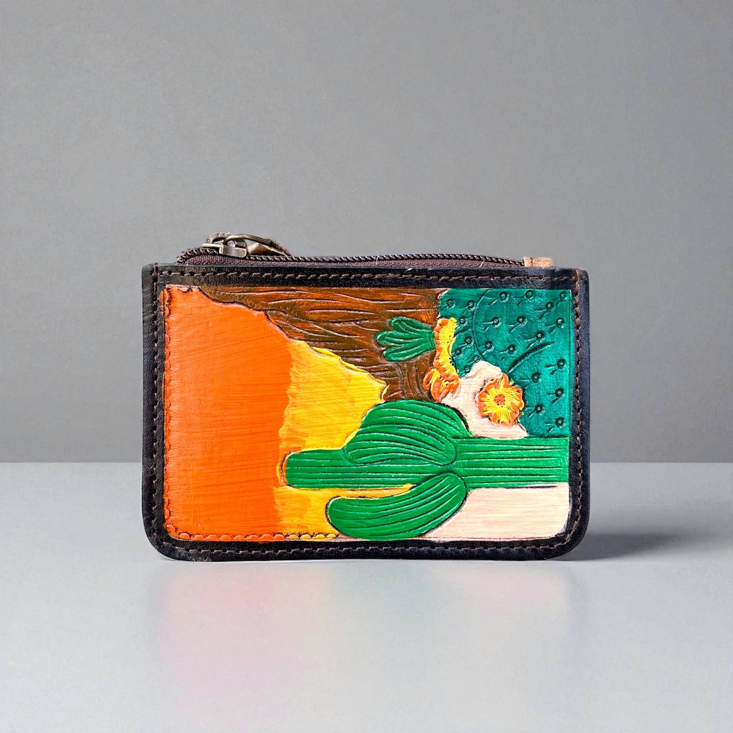 Cactus tooled & cowhide coin pouch 