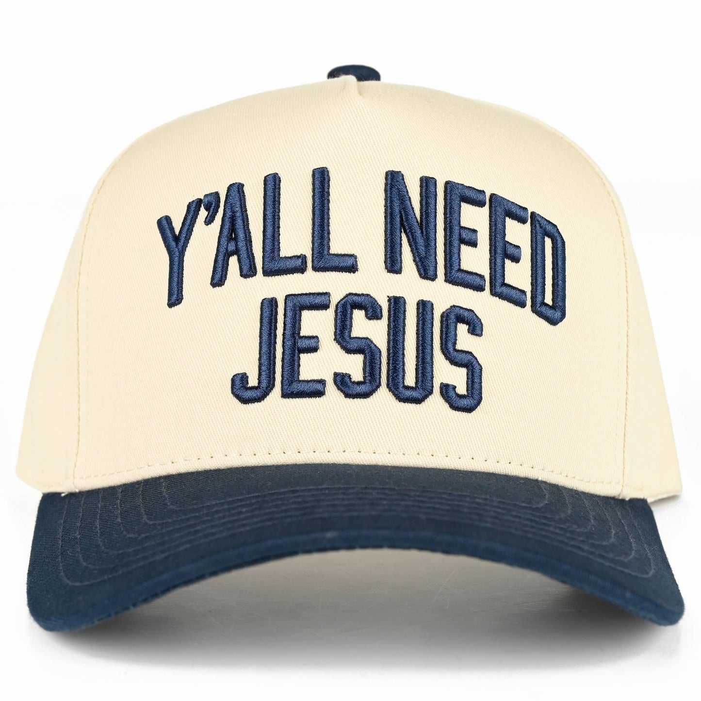 Y'ALL NEED JESUS Embroidered Letter Two Tone Trucker Hat: Beige