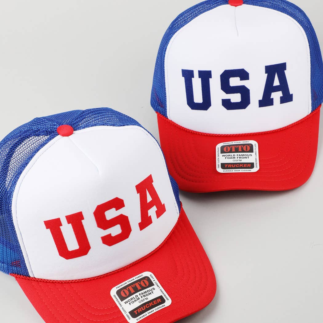 USA Letter Suede Like Logo Print Trucker Hat