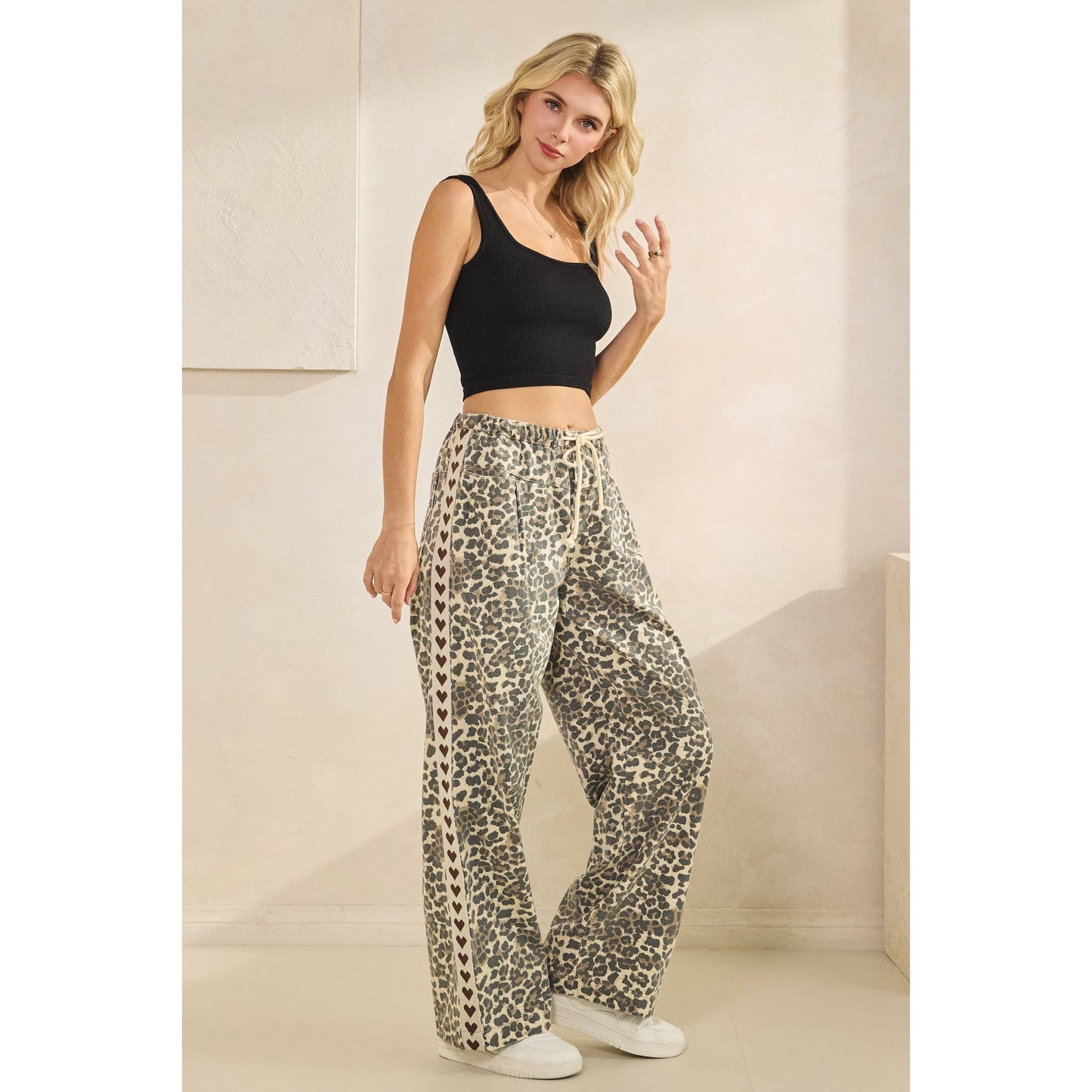 Leopard Printed Striped Wide Legged Pants: Brown Heart