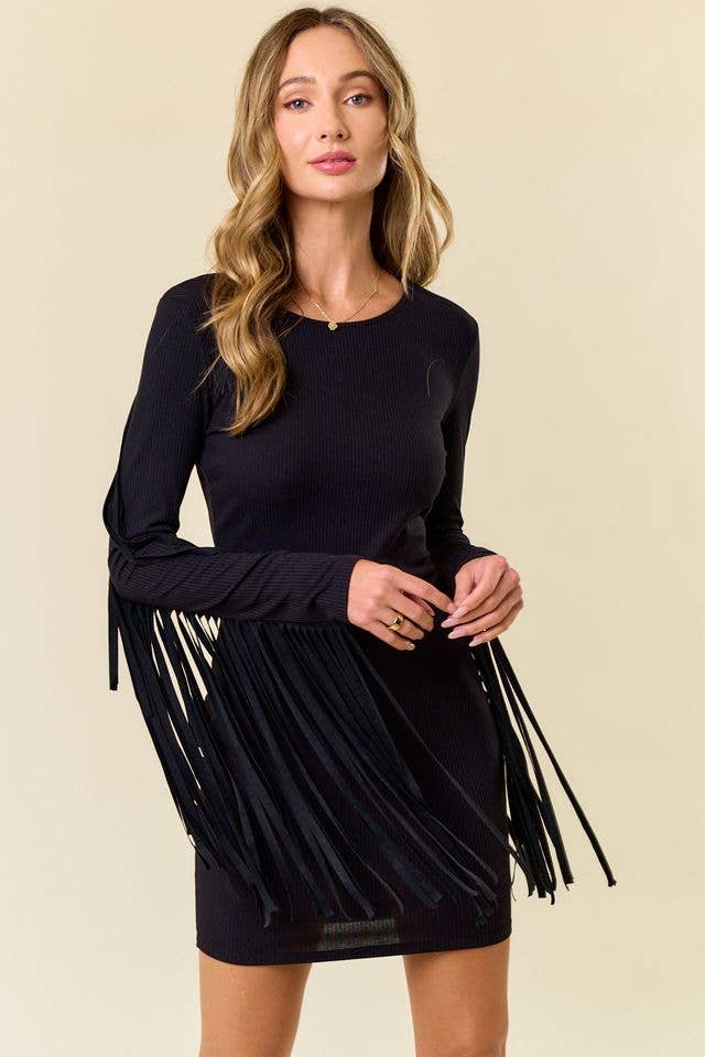 Black Long Sleeve Ribbed Festival Dress