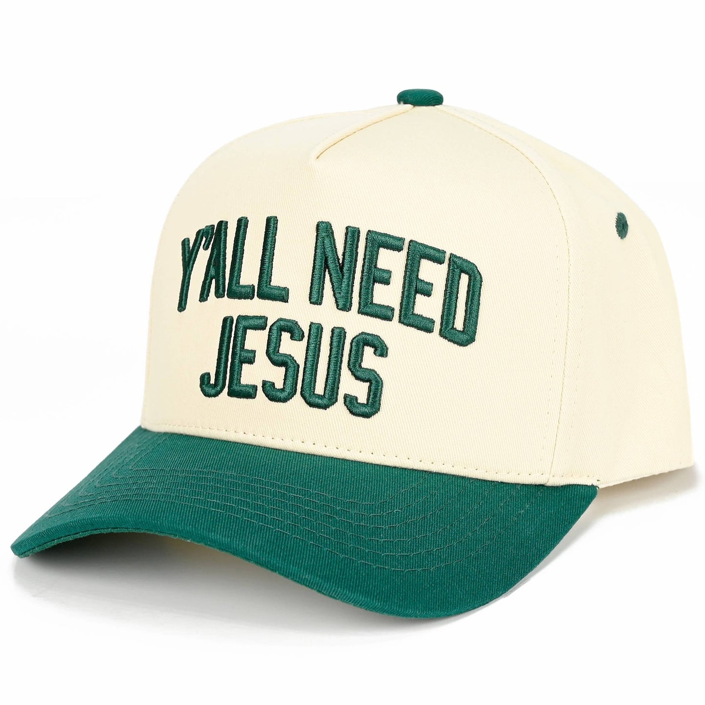 Y'ALL NEED JESUS Embroidered Letter Two Tone Trucker Hat: Beige