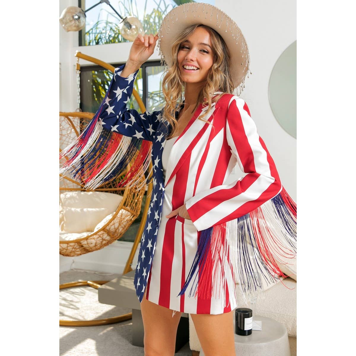 AMERICAN FLAG FRINGE SLEEVE BLAZER