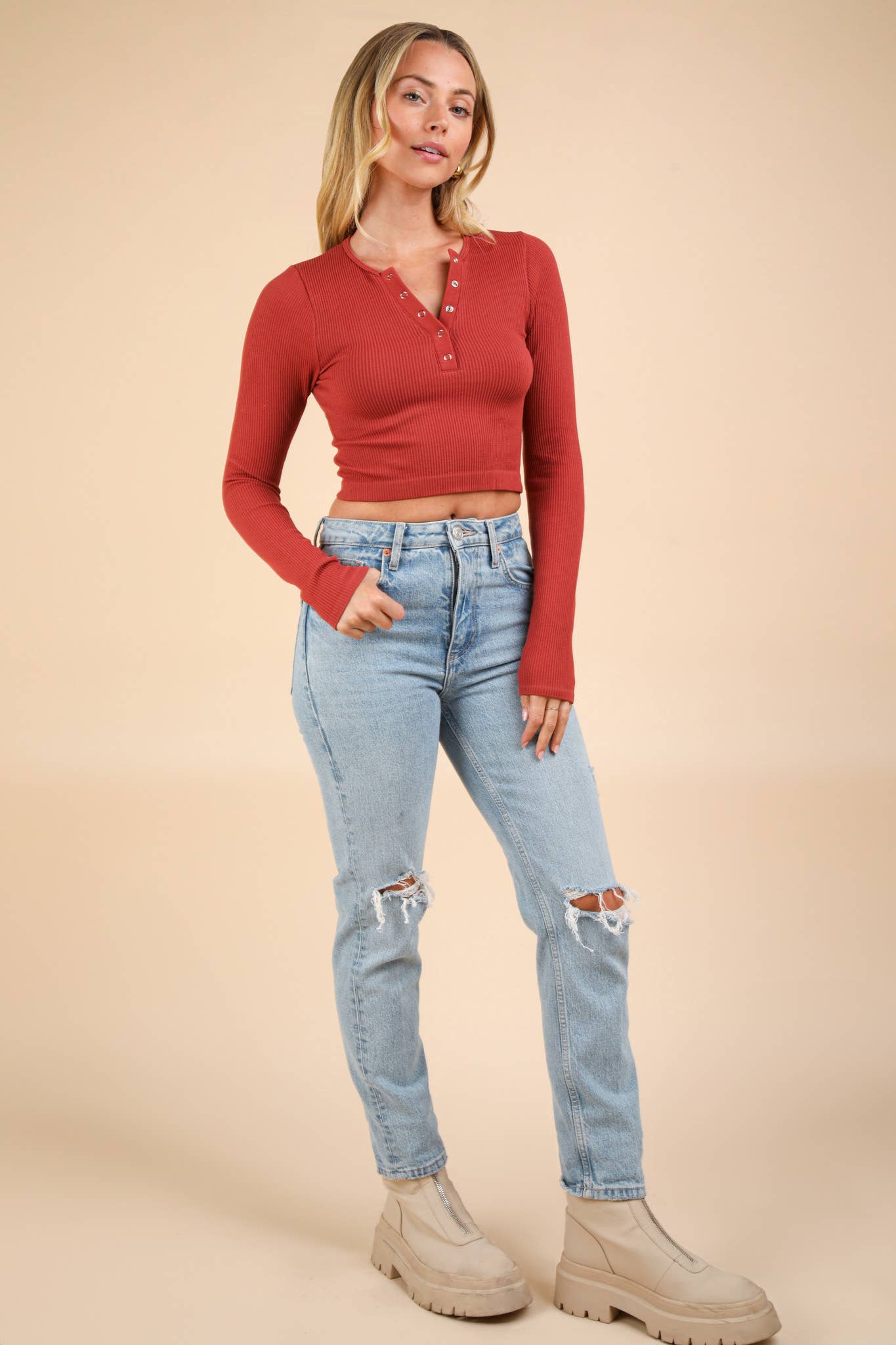 Casual Fitted Crop Henley Knit Top