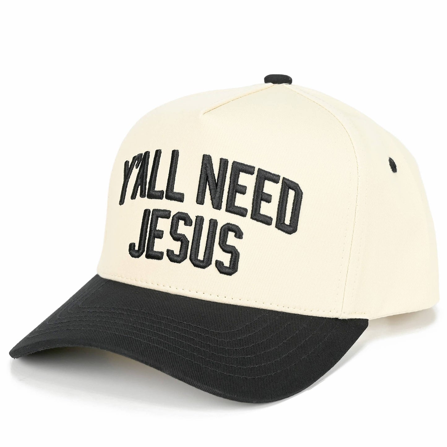 Y'ALL NEED JESUS Embroidered Letter Two Tone Trucker Hat: Beige