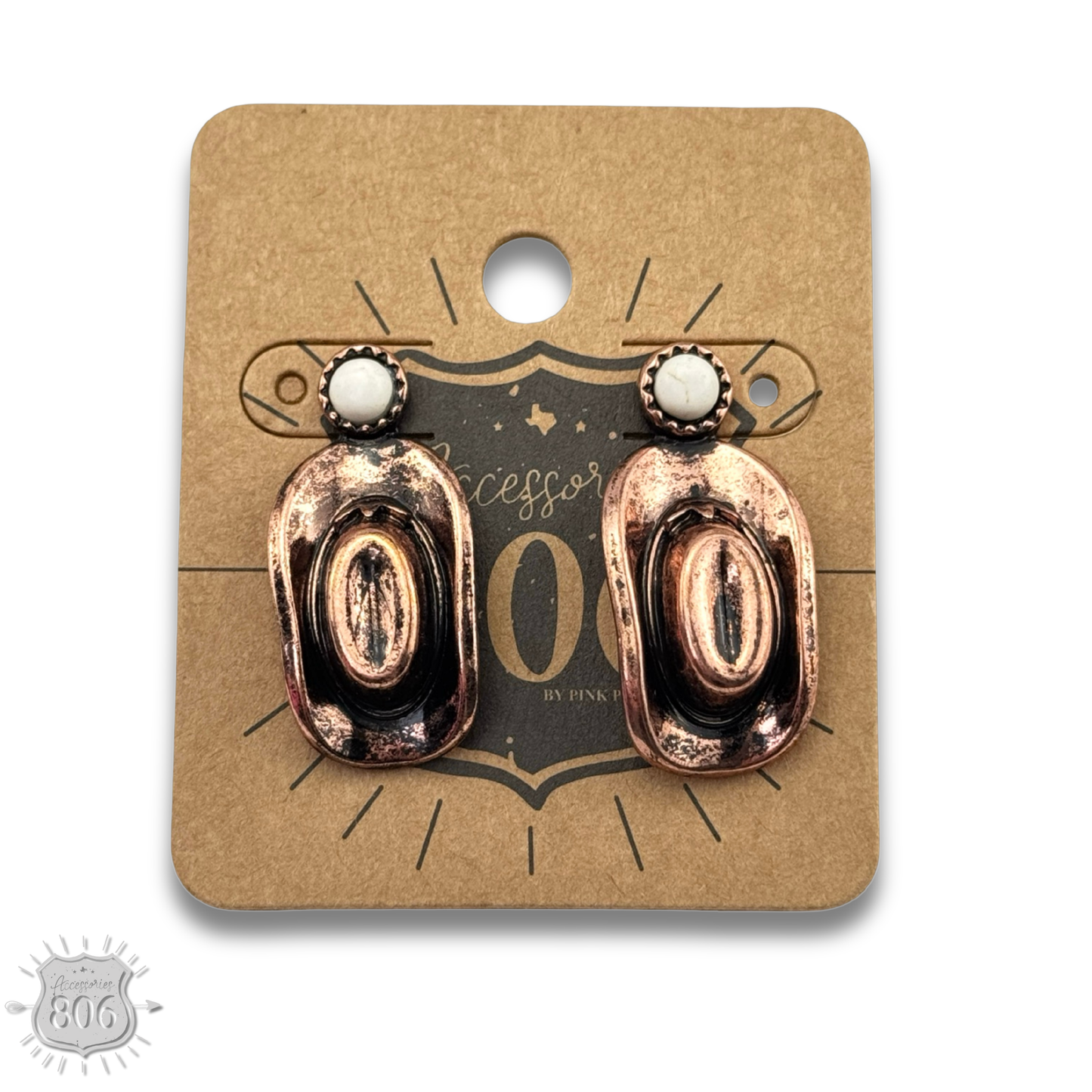 Western cowboy hat on stone post earring: White