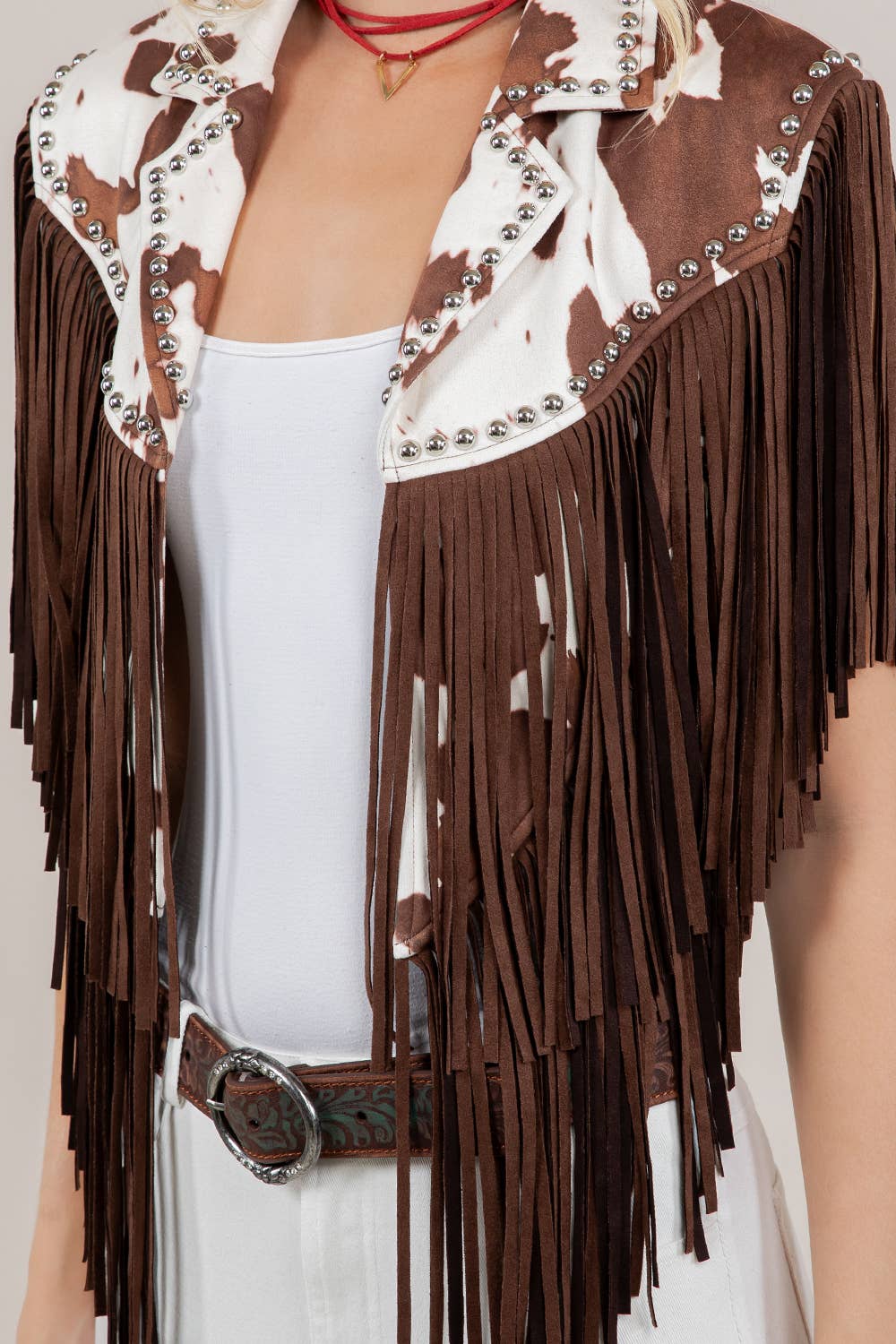 Studded Fringe Shrug- Cow Print