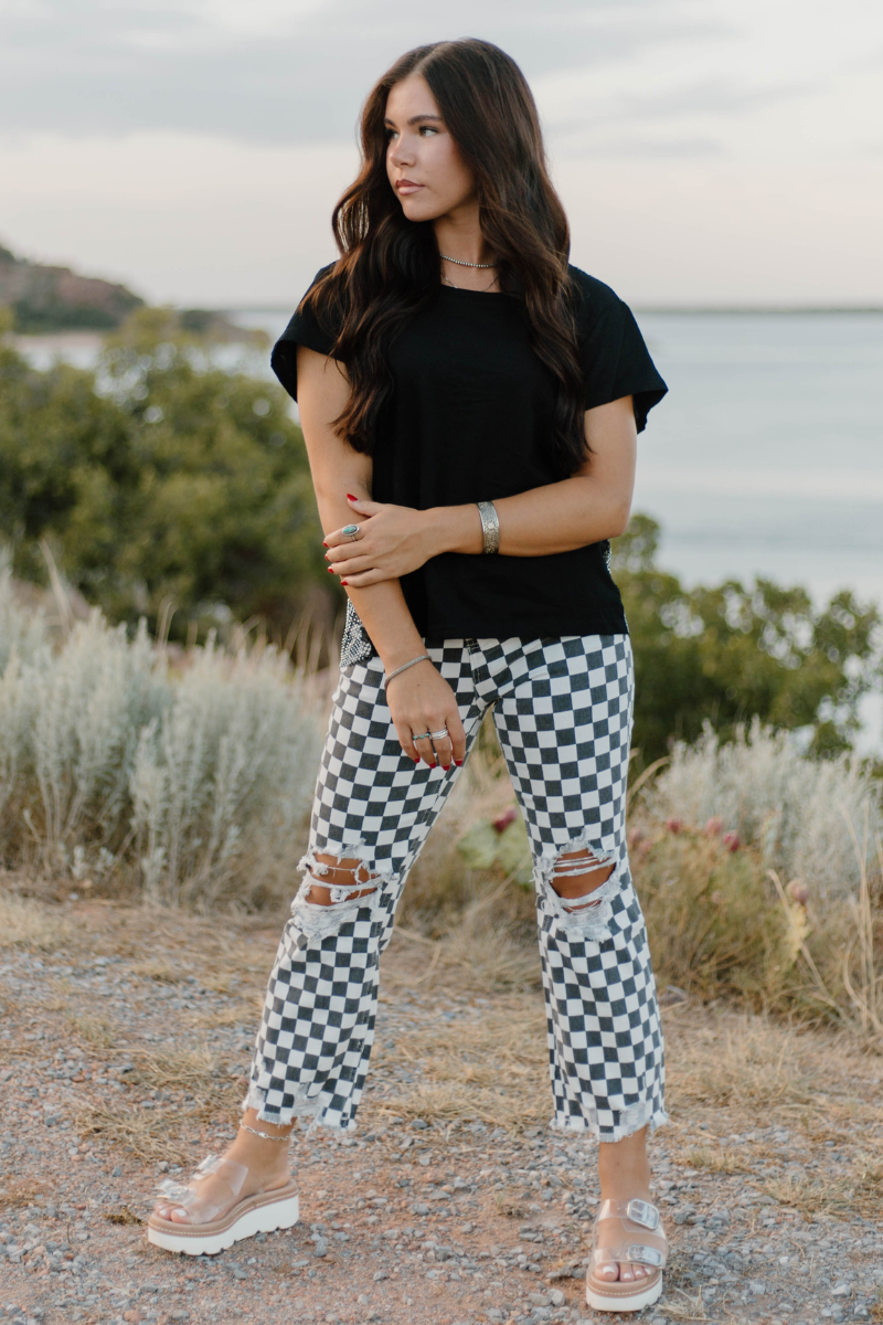 Checkered Out Distressed Denim