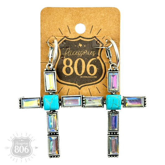 Turquoise and rhinestone cross earring: Silver
