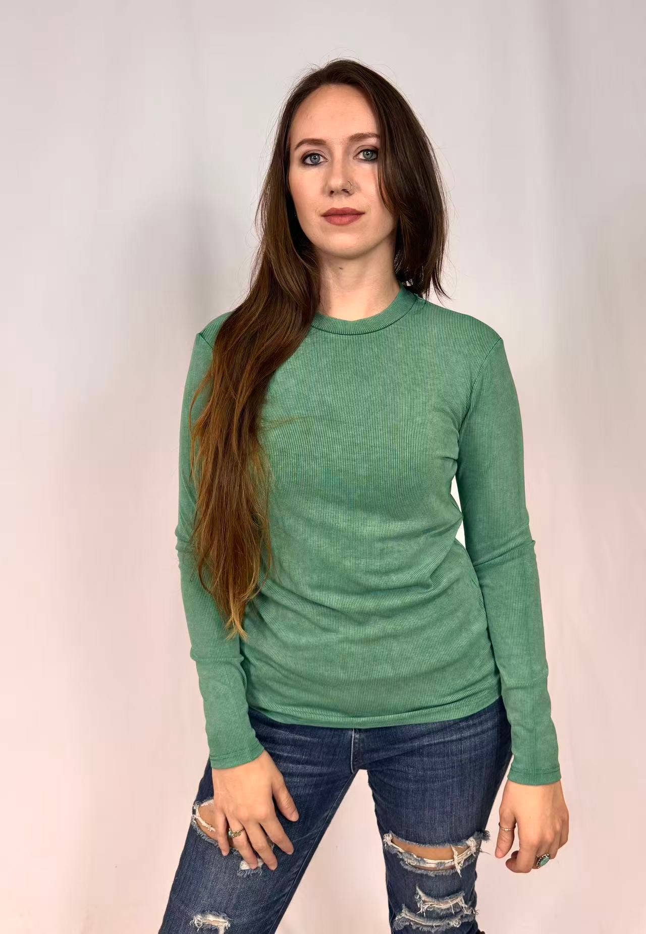 Acid Washed Ribbed Mock neck Top