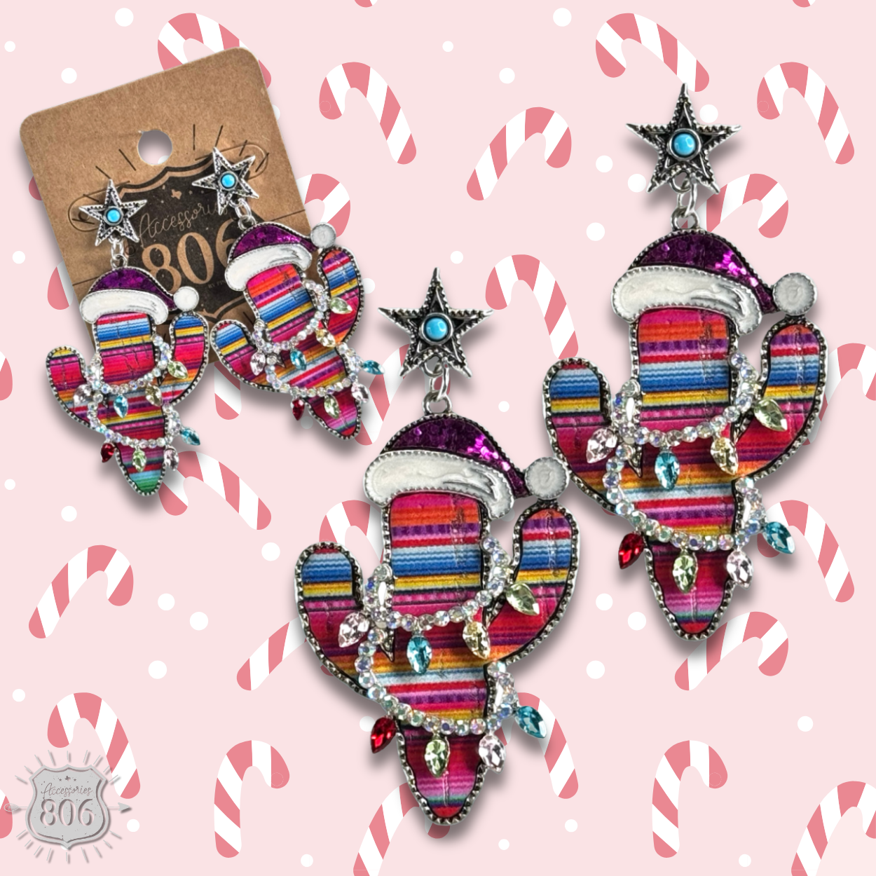 Serape Christmas cactus earring: Pink