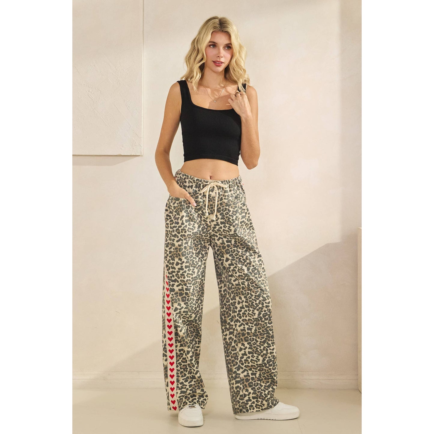 Leopard Printed Striped Wide Legged Pants: Brown Heart