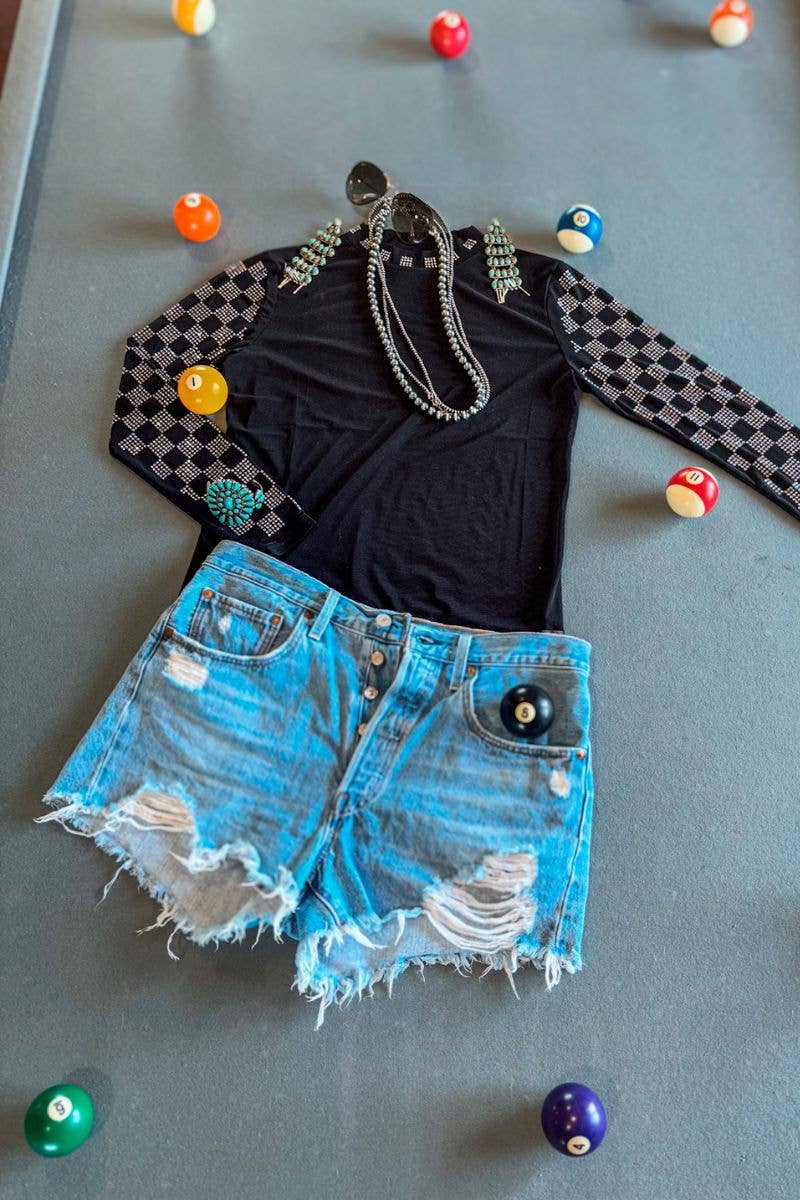 Checked In Black Mesh Top: L