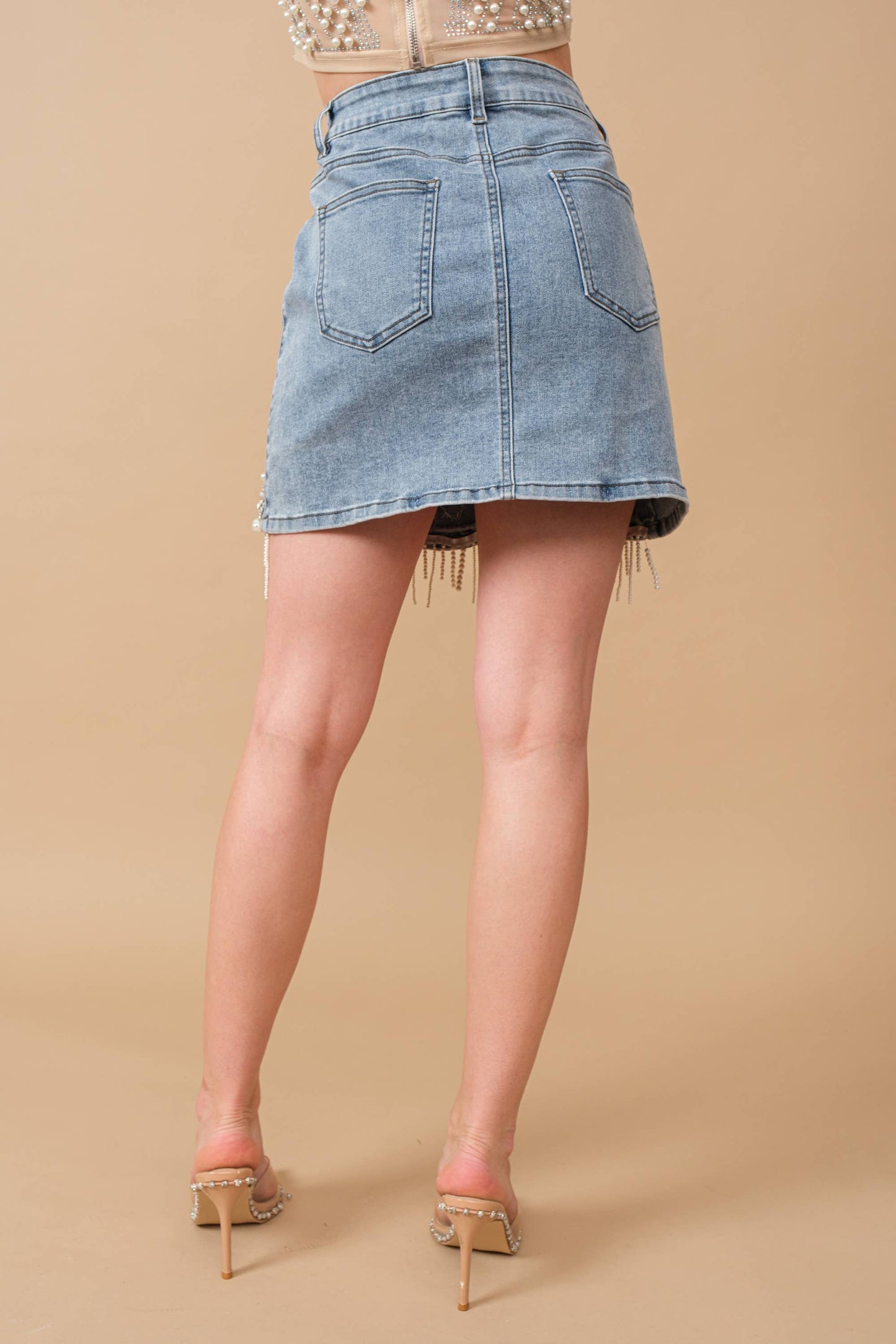 Embellished Pearl Fringe Mini Skirt