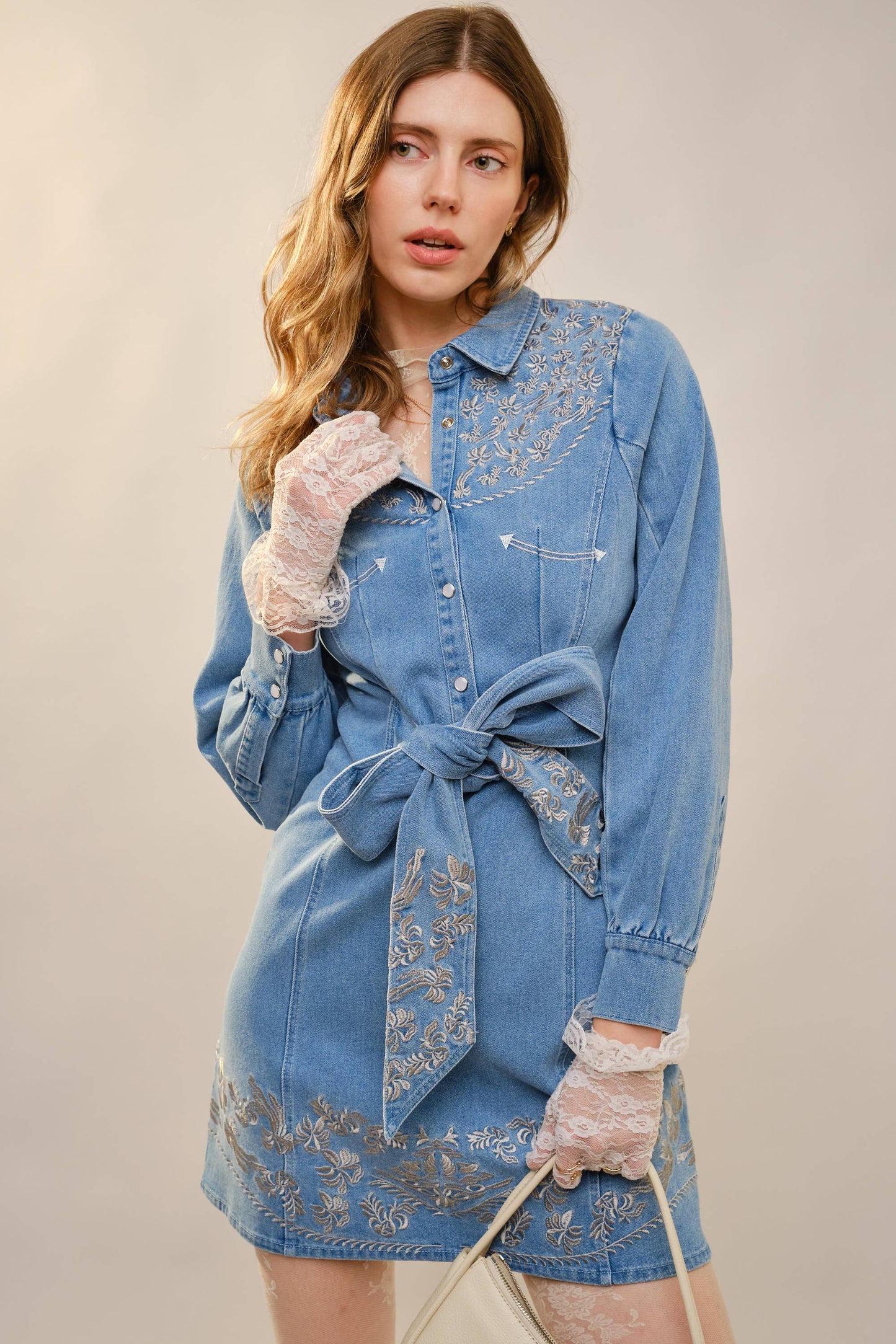 Western Embroidery Front Tie Dress