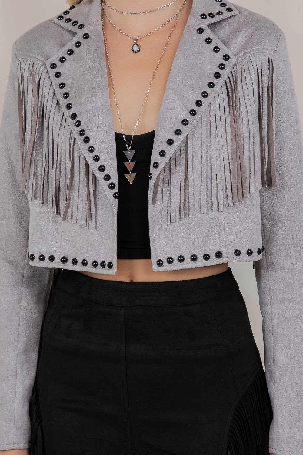 FRINGE STUDDED FUAX SUEDE JACKET