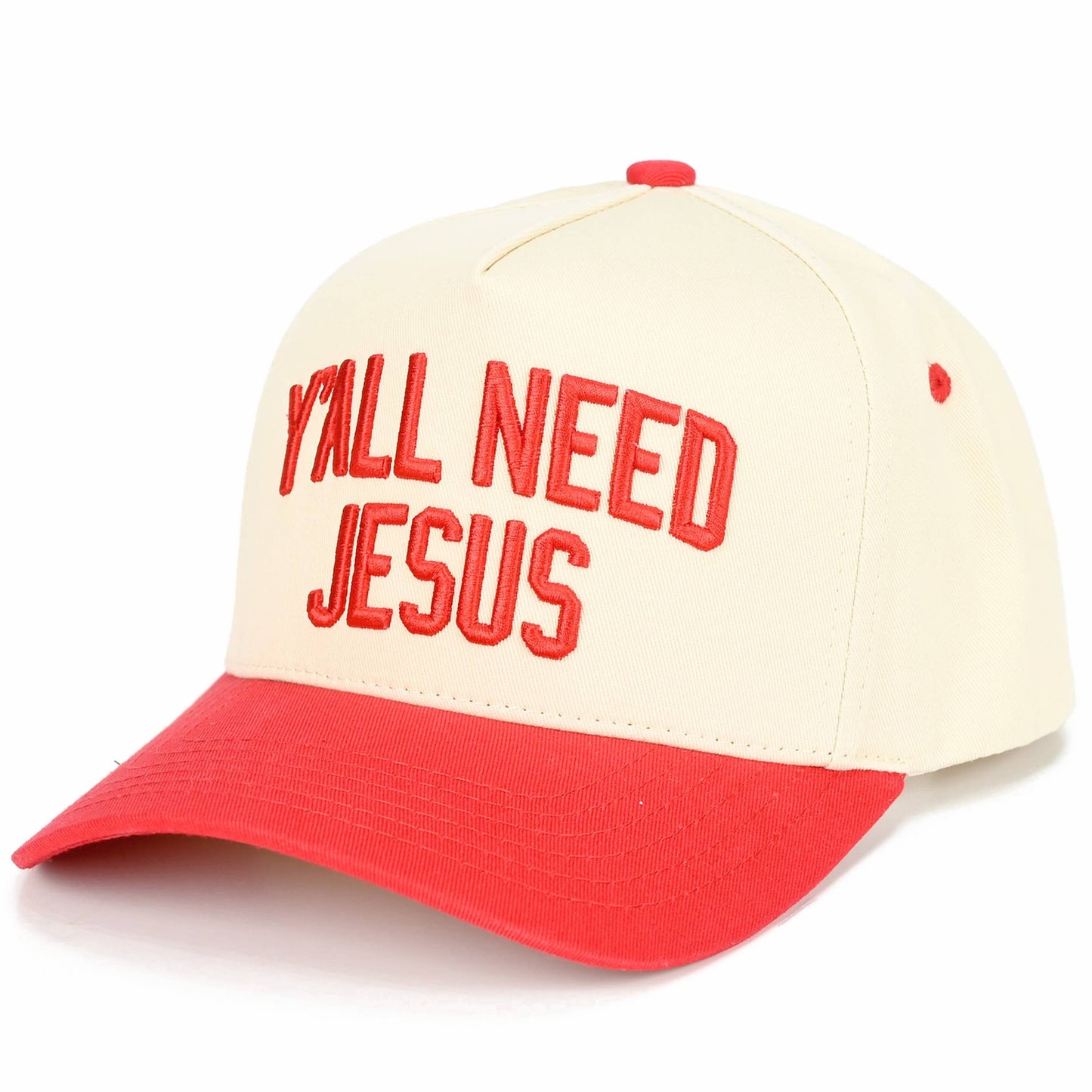 Y'ALL NEED JESUS Embroidered Letter Two Tone Trucker Hat: Beige