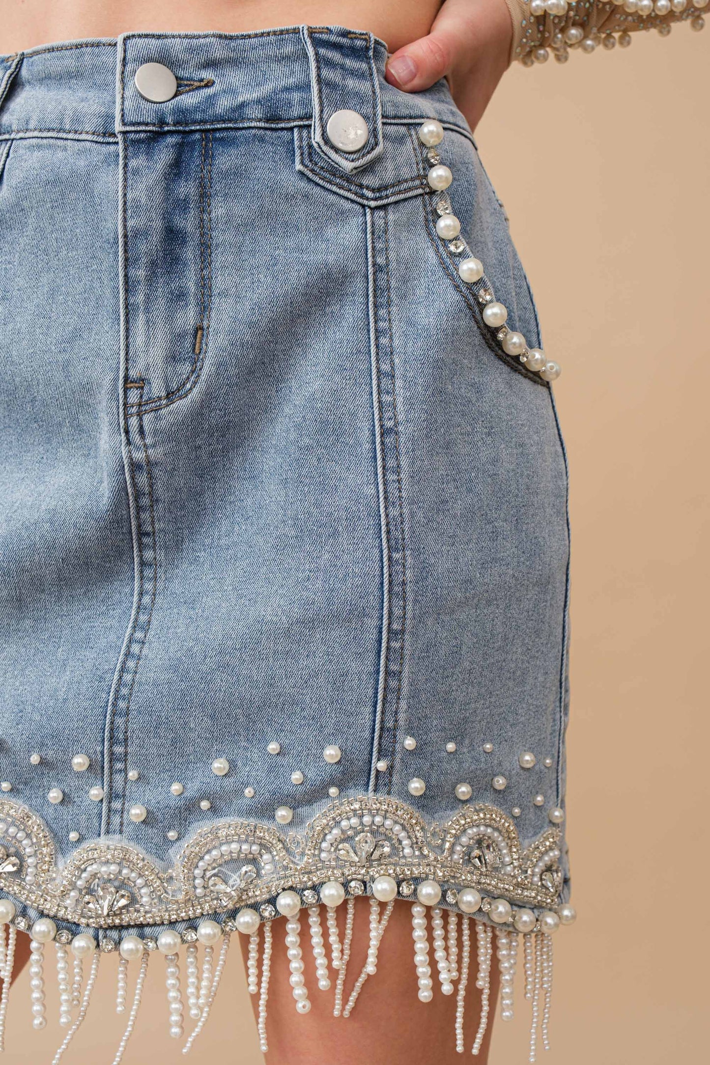 Embellished Pearl Fringe Mini Skirt
