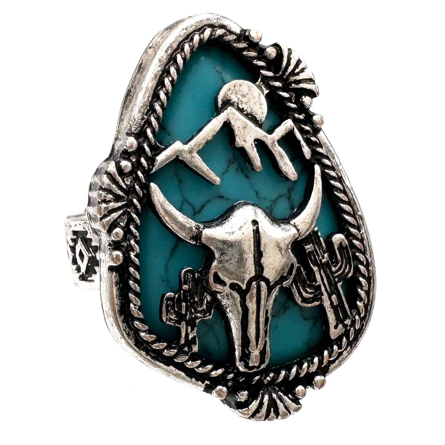 Longhorn Skull Turquoise Stone Western Native Stretch Ring: White