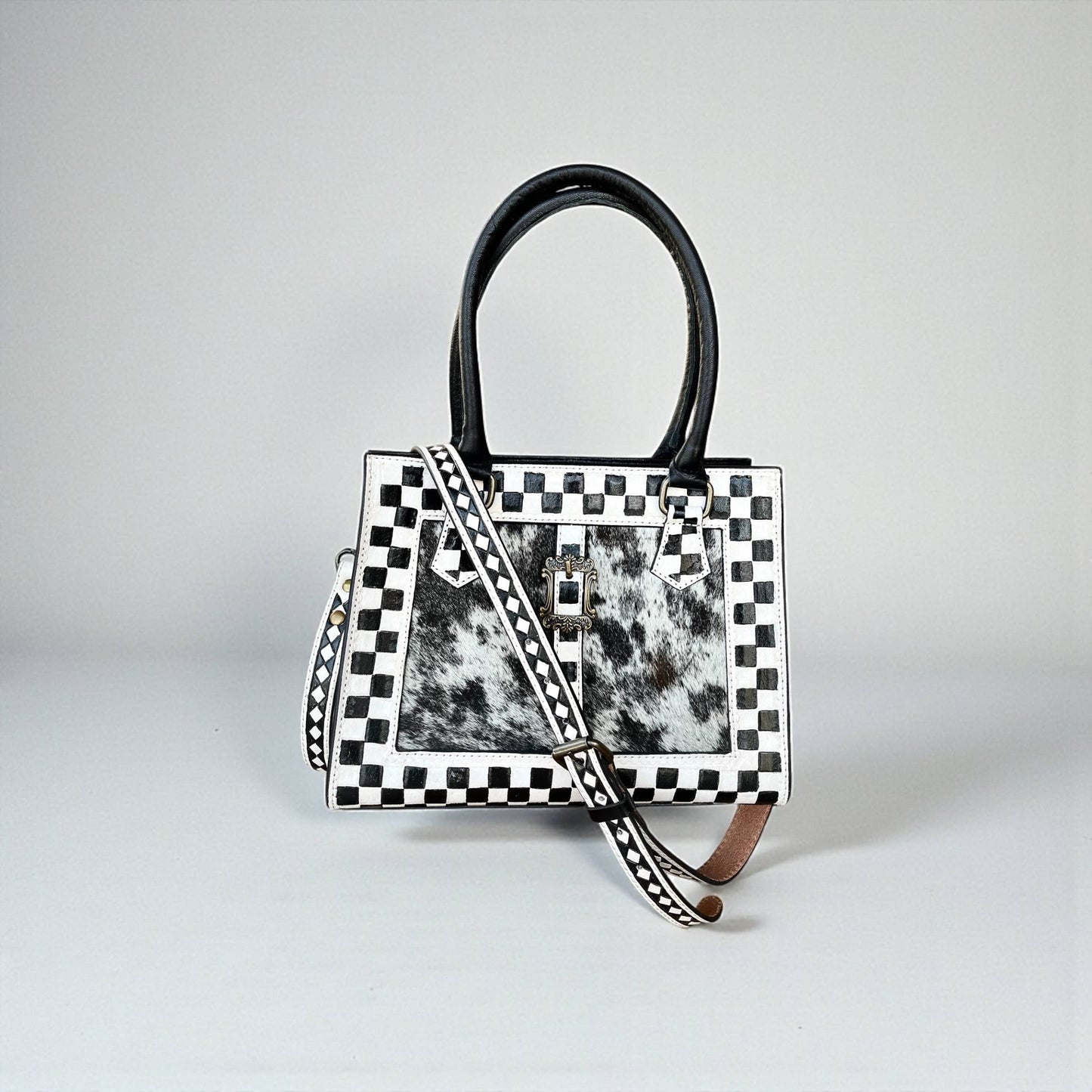 Checker tooled leather & cowhide tote bag 