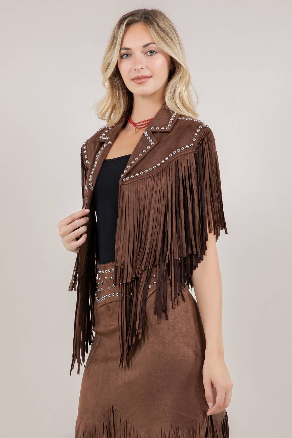 Studded Fringe Shrug - Chocolate